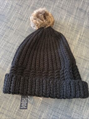 Banana Republic Black Knit Beanie with Brown Faux-Fur Pom